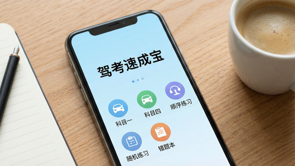 一张展示智能手机屏幕的图片,屏幕中显示驾考速成宝应用的主界面,界面中央有“驾考速成宝”文字标题,下方有科目一、科目四、顺序练习、随机练习、错题本等圆形功能图标,背景为淡蓝色渐变,手机放置在木质桌面上,旁边有一本笔记本和一杯咖啡,整体风格清新简约,画质清晰,光线明亮,无多余杂物。