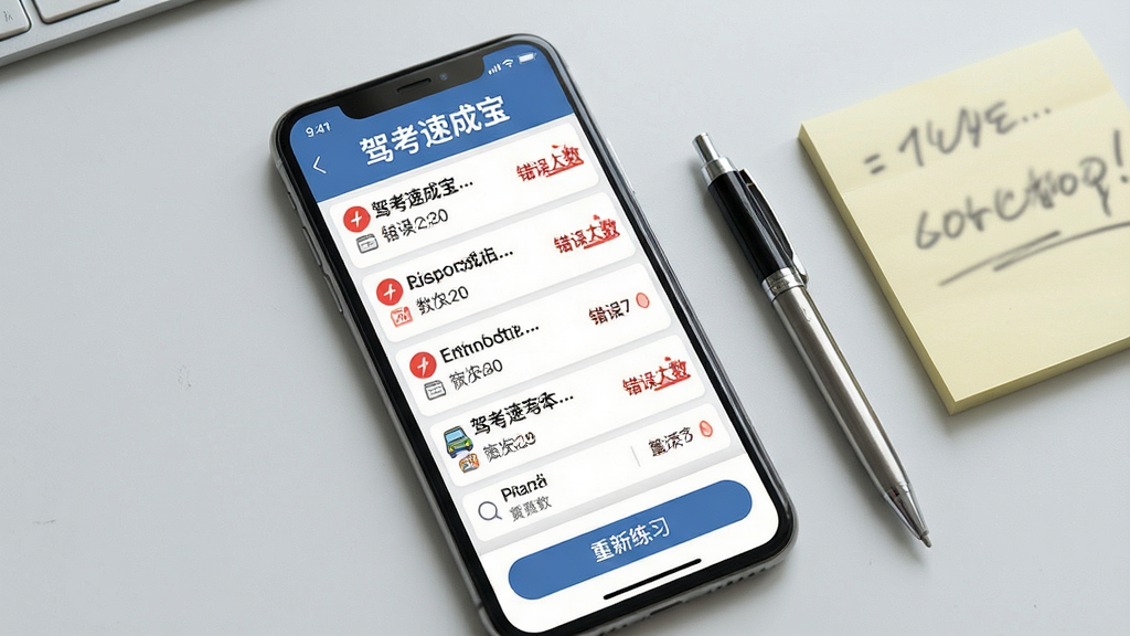 一张展示驾考速成宝错题本功能的图片,画面中手机屏幕显示错题列表,每条错题旁有红色标记和错误次数,顶部有“驾考速成宝”文字标识,界面底部有“重新练习”按钮,背景为浅灰色,手机旁边有一支笔和便签纸,整体风格学习氛围浓厚,画质清晰,无杂乱元素。