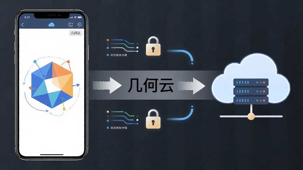 几何云云端同步功能示意图,画面左侧是手机屏幕显示几何动图编辑界面,右侧是云端服务器图标与同步箭头,软件名称“几何云”标注在同步路径中央,布局左右对称,风格简约商务,细节包含数据流线条与锁形安全图标,画质高清,干净,无多余元素