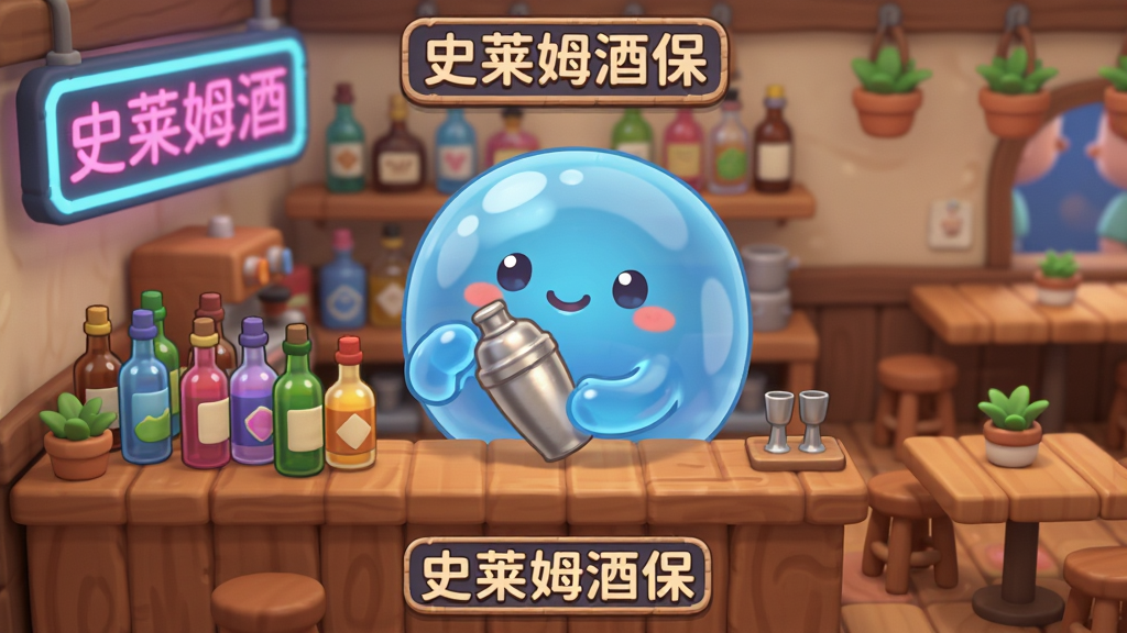 一款以可爱史莱姆为主角的模拟经营手游画面,主体是一只圆润透明的蓝色史莱姆站在木质吧台后方,手中拿着调酒壶,布局为中央特写加背景酒馆环境,排版采用竖版手机游戏截图风格,风格为Q版卡通治愈系,细节包括吧台上的彩色酒瓶、闪烁的霓虹灯牌、木质桌椅和小巧的装饰植物,画质高清干净无多余元素,画面中带有“史莱姆酒保”文字标识