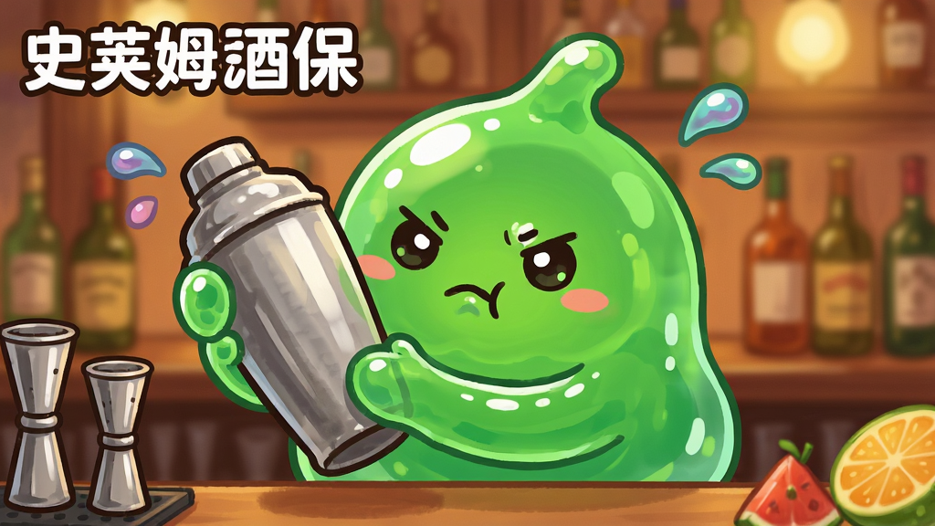 一只透明绿色史莱姆在吧台前双手握着银色调酒壶上下摇晃,主体突出史莱姆专注的表情,布局为近景特写,排版居中构图,风格为日系Q版卡通,细节包括飞溅的彩色液滴、吧台上的量杯和水果切片、背景虚化的酒馆暖光,画质清晰干净,画面中带有“史莱姆酒保”文字