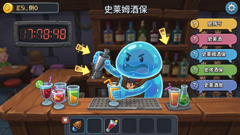 一只蓝色史莱姆酒保在吧台后忙碌调酒,旁边显示时间倒计时和顾客等待队列,主体突出紧张有趣的经营氛围,布局为游戏实际操作界面截图风格,排版包含顶部金币栏和底部道具栏,风格为卡通游戏UI,细节包括彩色订单气泡、闪烁的提示箭头、吧台上的饮料杯,画质清晰干净,画面中带有“史莱姆酒保”文字