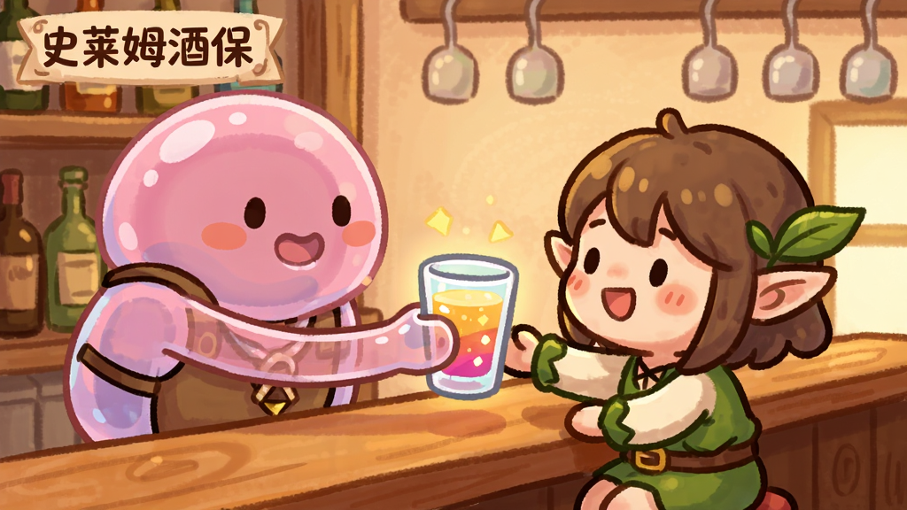 一只粉色史莱姆酒保正在将一杯发光饮料递给坐在吧台前的Q版精灵顾客,主体为史莱姆和顾客的互动场景,布局为双人侧面构图,排版突出交流氛围,风格为温暖治愈的卡通手绘风,细节包括吧台上的木纹质感、顾客开心的表情、背景墙上的酒架和悬挂的酒杯,画质细腻干净,画面中带有“史莱姆酒保”文字