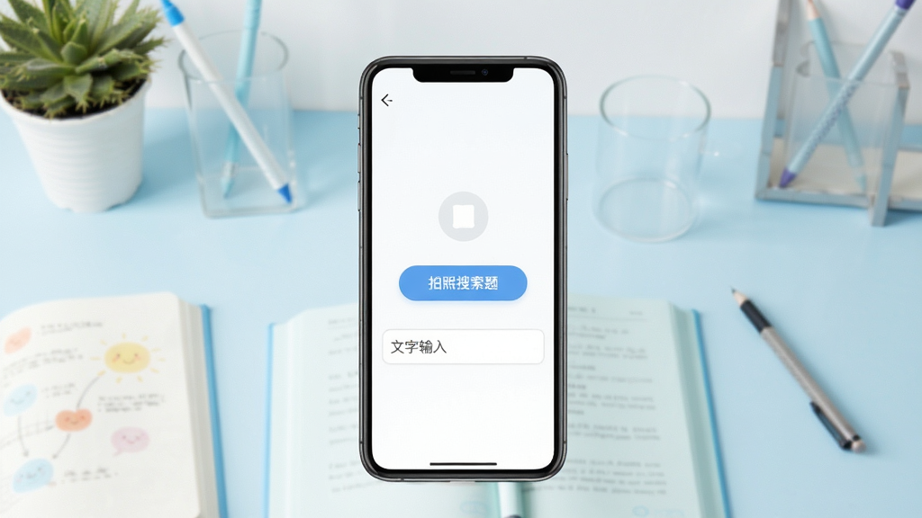 作业搜答案助手软件主界面截图,画面中央展示手机屏幕,屏幕内呈现拍照搜题按钮和文字输入框,背景为淡蓝色学习桌面风格,简洁明亮,干净无多余元素,高清画质