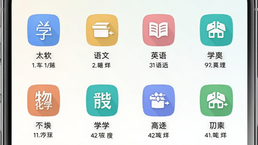 作业搜答案助手多学科题库界面截图,画面展示手机屏幕内排列着数学、语文、英语、物理、化学等学科图标,图标下方标注题目数量,背景为浅色渐变,风格清新简约,布局整齐