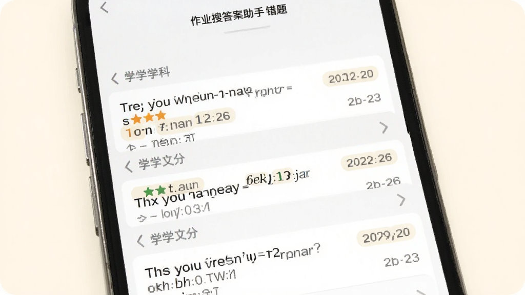 作业搜答案助手错题本界面截图,画面展示手机屏幕内错题列表按学科分组排列,每道题旁有标签和日期,背景为柔和米白色,风格清爽整洁