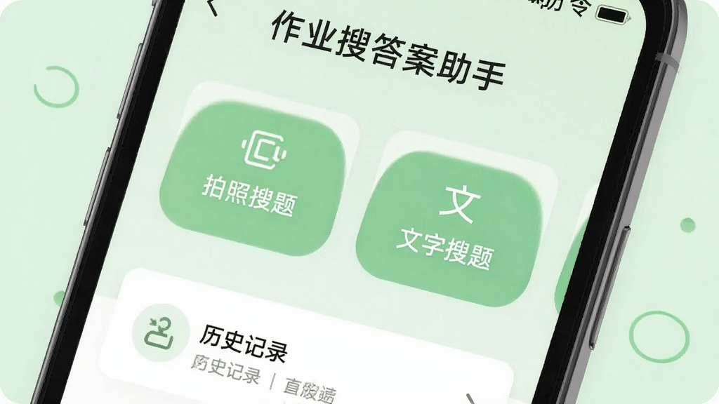 作业搜答案助手首页界面特写,画面展示手机屏幕内两个大按钮分别标注拍照搜题和文字搜题,下方有历史记录入口,背景为淡绿色,风格极简清新