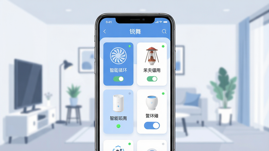一张展示“锐舞”智能家电控制App主界面的插图,主体是一部智能手机屏幕,屏幕上显示着智能循环扇、灭蚊灯等设备卡片和开关按钮,布局为居中展示手机正面,背景是简约的现代家居环境,风格为扁平化科技感设计,细节包括清晰的图标、柔和的蓝白配色、设备状态指示灯,画质高清,干净,无多余元素