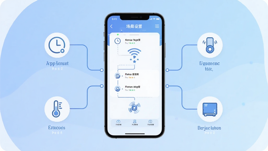 一张表现“锐舞”App智能场景联动功能的插图,主体是手机屏幕显示场景设置流程图,布局为手机居中,背景是柔和渐变蓝色,风格为科技感扁平插画,细节包括时间图标、温度计图标和设备图标通过线条连接,画质高清,干净,无多余元素