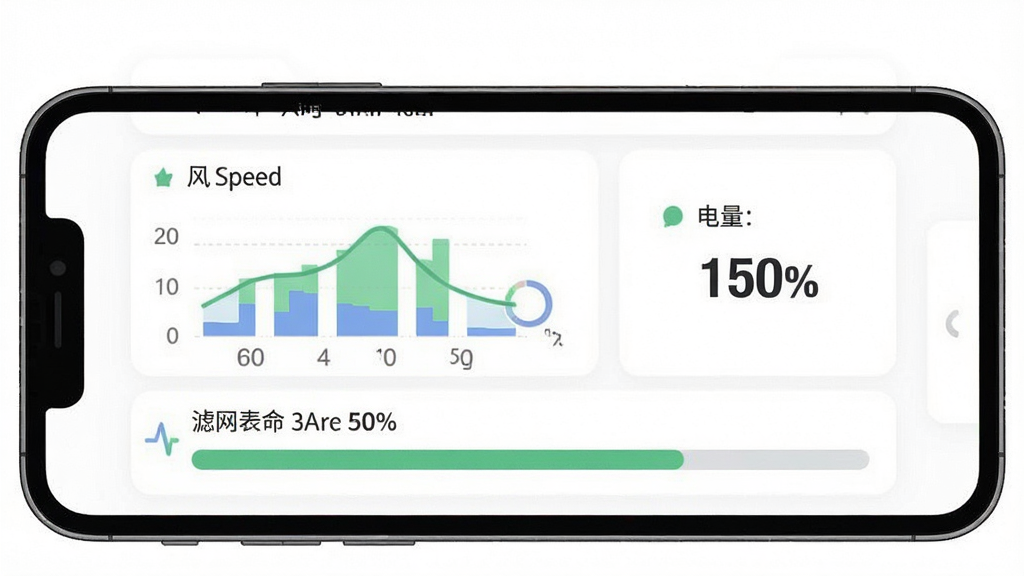 一张展示“锐舞”App实时状态反馈界面的插图,主体是手机屏幕显示设备运行参数面板,布局为手机居中,背景是简洁白色,风格为数据可视化仪表盘设计,细节包括风速条形图、电量百分比、滤网寿命进度条,画质清晰,干净,无多余元素