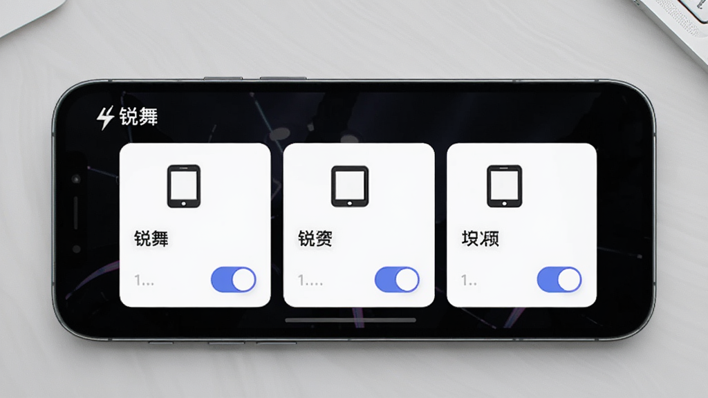 一幅展示“锐舞”App多设备管理界面的图片,主体是手机屏幕显示三个设备卡片横向排列,布局为手机居中,背景是浅灰色桌面,风格为现代简约UI设计,细节包括每个卡片带有设备图标、名称和开关按钮,画质清晰,干净,无多余元素