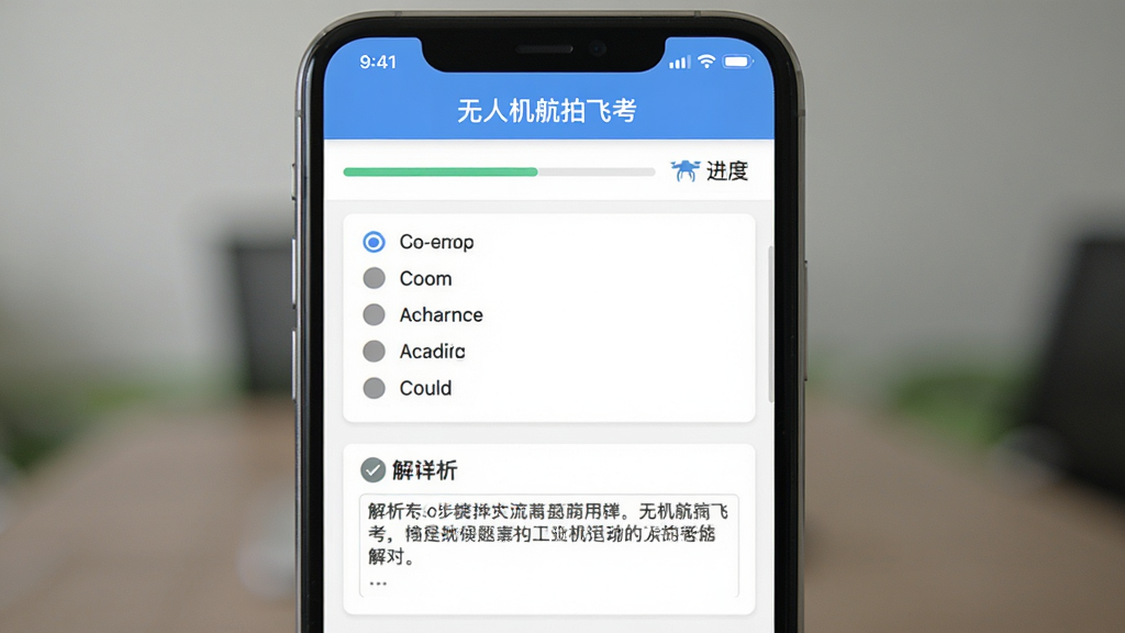 无人机航拍飞考题库练习界面,画面展示手机屏幕内显示选择题与解析,屏幕上方有软件名称“无人机航拍飞考”字样,布局为上下结构,风格为扁平化教育类应用界面,细节包括进度条、答题卡、解析文本框,画质清晰,干净,无多余元素
