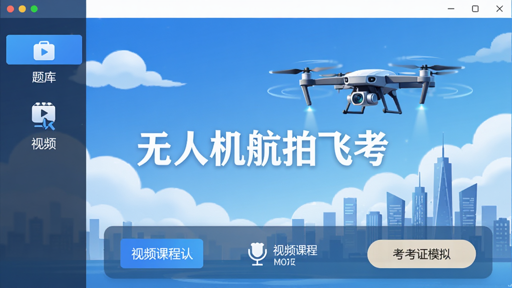 无人机航拍飞考软件主界面截图,画面中央展示软件名称“无人机航拍飞考”与无人机航拍主题插画,背景为蓝天白云与城市天际线,布局简洁,风格清新科技感,细节包括题库入口、视频课程图标、考证模拟按钮,画质清晰,干净,无多余元素
