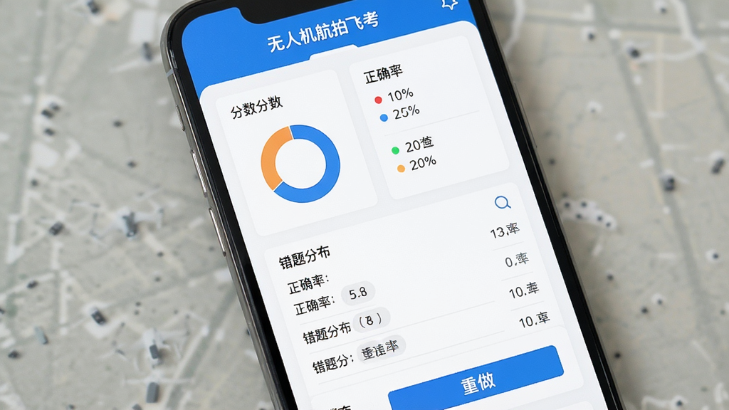 无人机航拍飞考模拟考试成绩报告页面,画面展示手机屏幕内显示分数、正确率、错题分布图表,顶部有软件名称“无人机航拍飞考”,布局为卡片式数据展示,风格为简洁数据可视化界面,细节包括环形图、错题列表、重做按钮,画质清晰,干净,无多余元素