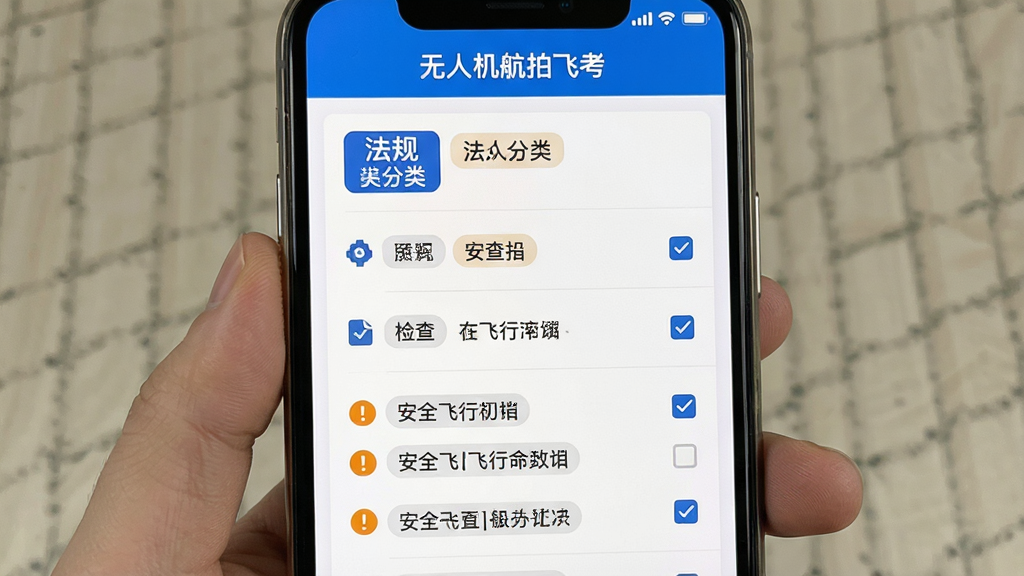 无人机航拍飞考法规学习页面,画面展示手机屏幕内显示法规条文与安全飞行检查清单,顶部有软件名称“无人机航拍飞考”,布局为列表加图标,风格为政务教育类简洁界面,细节包括法规分类标签、勾选清单、提示图标,画质清晰,干净,无多余元素