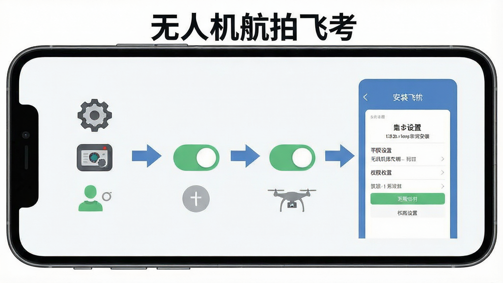 无人机航拍飞考新手操作指引示意图,画面展示手机屏幕内显示安装步骤与权限设置界面,屏幕上方有软件名称“无人机航拍飞考”,布局为分步图解,风格为扁平化教程风格,细节包括设置图标、权限开关、箭头指引,画质清晰,干净,无多余元素