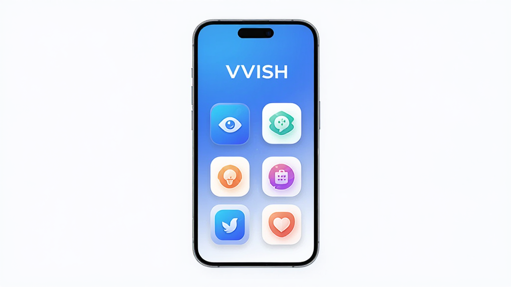 主体为一部智能手机屏幕展示VVISH应用主界面,布局为居中手机正面视图,排版为上方应用名称