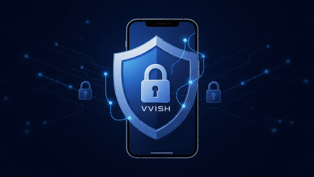 主体为VVISH应用隐私保护概念图,布局为盾牌图标与手机组合,排版为居中对称,风格为安全科技感,细节包括深蓝色背景、锁形图标、