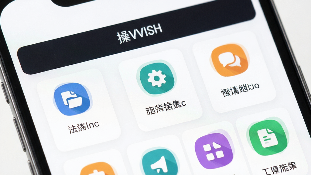 主体为VVISH应用操作界面特写,布局为屏幕中央展示功能卡片列表,排版为上下结构带标题栏,风格为扁平化UI设计,细节包括白色背景、彩色功能图标、清晰文字标签,画质高清干净无多余元素