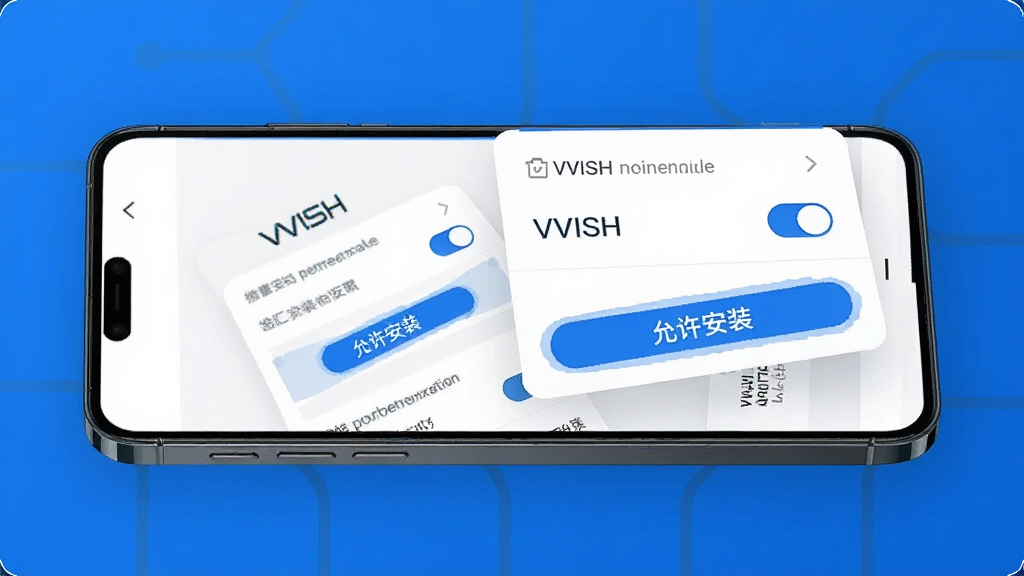主体为手机屏幕展示VVISH安装权限设置界面,布局为手机侧面视角配合设置菜单浮层,排版为上下结构,风格为科技教程风,细节包括权限开关按钮、