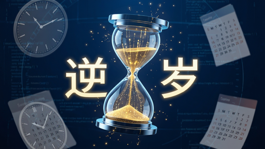 主体是一个发光的沙漏悬浮在深蓝色科技感背景中央,沙漏内部流淌着金色的数据流和细碎的光点。布局采用居中对称构图,四周环绕着半透明的时钟表盘和日历页面的虚影。排版上强调沙漏的立体感和光影折射。风格为现代科技感与神秘感结合。细节包括沙漏表面的玻璃反光、飘散的粒子效果以及背景中若隐若现的代码纹理。画质要求4K高清、干净通透、无多余杂乱元素,画面中需带有“逆时岁”三个字的发光艺术字体。