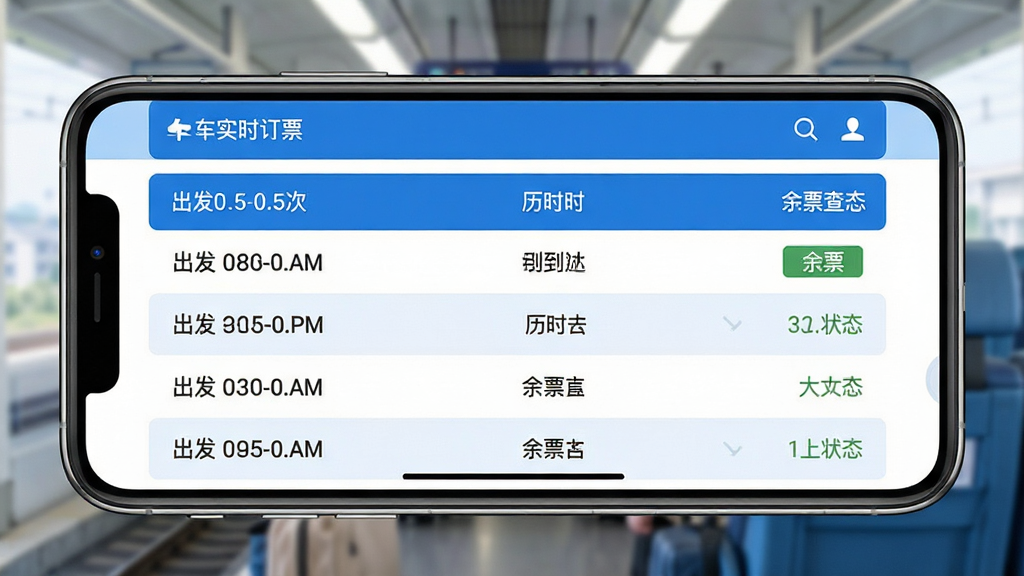 铁路火车实时订票软件实时票务查询功能展示图,画面中一部手机横屏展示,屏幕内呈现列车时刻列表,包含车次编号、出发到达时间、历时、余票状态等信息,配色以蓝白为主,风格简洁明快,画质清晰,干净无多余元素