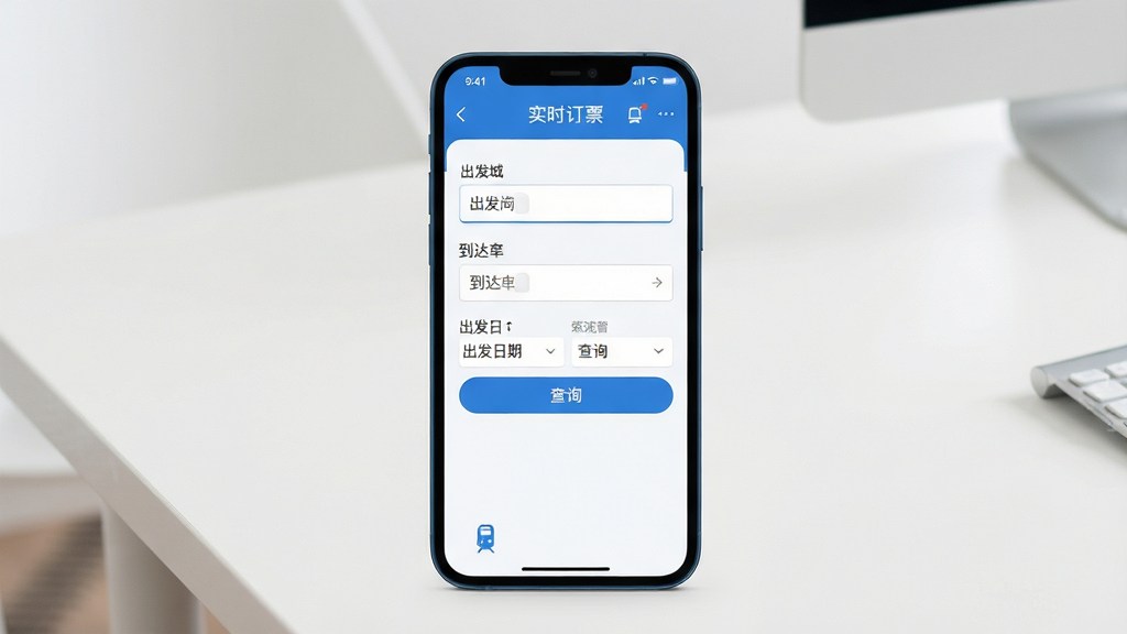 一张展示铁路火车实时订票软件主界面的手机应用截图,画面中央是手机屏幕,屏幕内显示蓝色调的车票查询界面,包含出发城市、到达城市、出发日期等输入框和查询按钮,背景是干净整洁的浅色桌面,风格为现代简约UI设计,细节清晰,画质高清,干净无多余元素