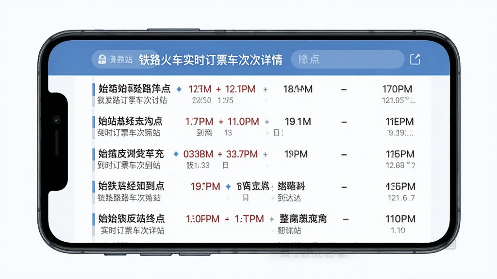 铁路火车实时订票车次详情页面预览图,手机屏幕内显示某趟列车从始发站到终点站的完整经停站点列表,每个站点标注到达和发车时间,界面风格清爽,文字清晰可读,画质高清,干净无多余元素