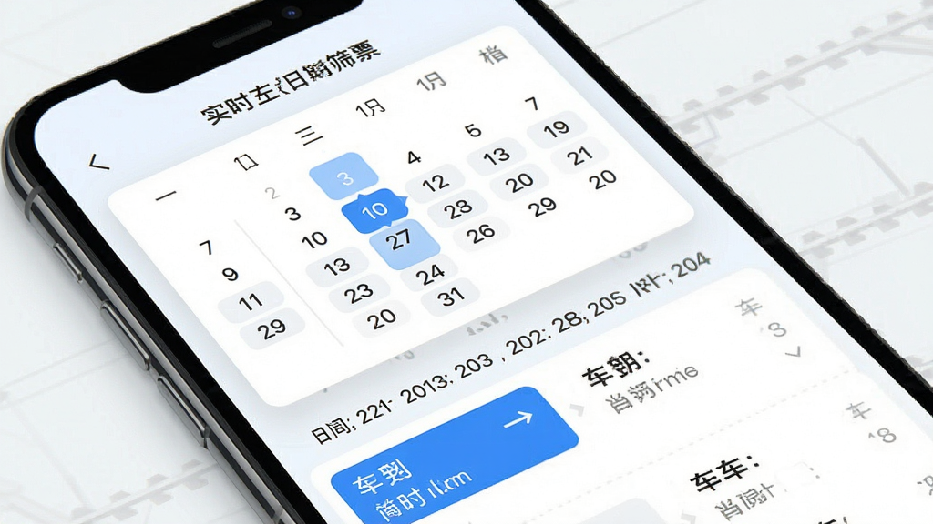 铁路火车实时订票日期筛选功能界面图,手机屏幕展示日历选择控件,下方同步显示所选日期的车次列表,整体设计为浅色背景搭配蓝色高亮选中日期,风格清新简洁,画质高清,干净无多余元素
