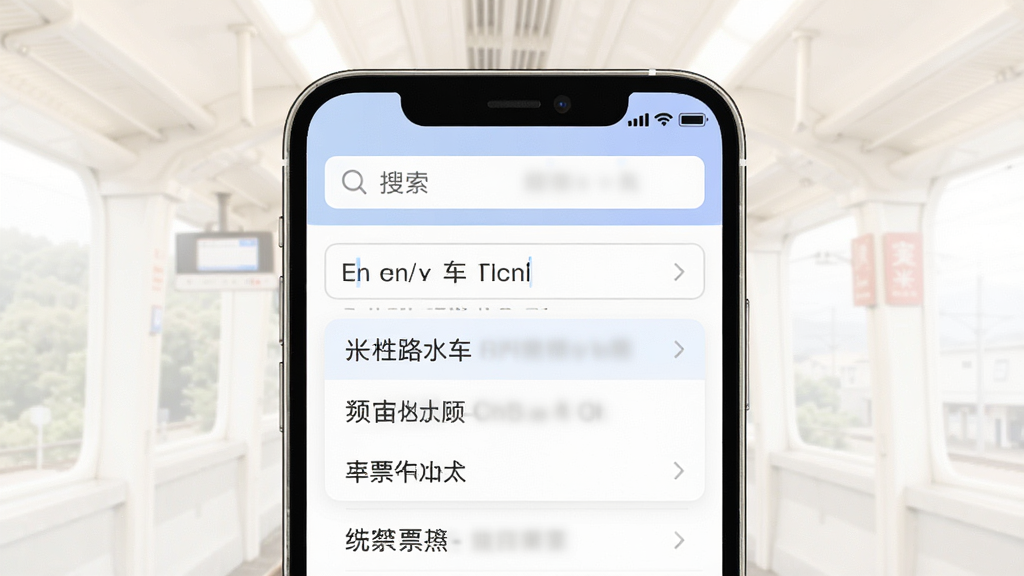 铁路火车实时订票站点检索功能展示图,手机屏幕内显示搜索框和站点列表,搜索框内输入拼音首字母后下方自动匹配出对应车站名称,界面风格简约,配色柔和,画质清晰,干净无多余元素