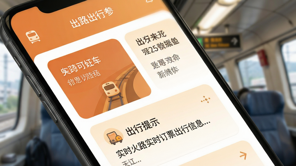 铁路火车实时订票出行信息参考页面图,手机屏幕内展示车站信息卡片和出行提示内容,卡片式布局,配色温暖舒适,文字排版整齐,画质高清,干净无多余元素