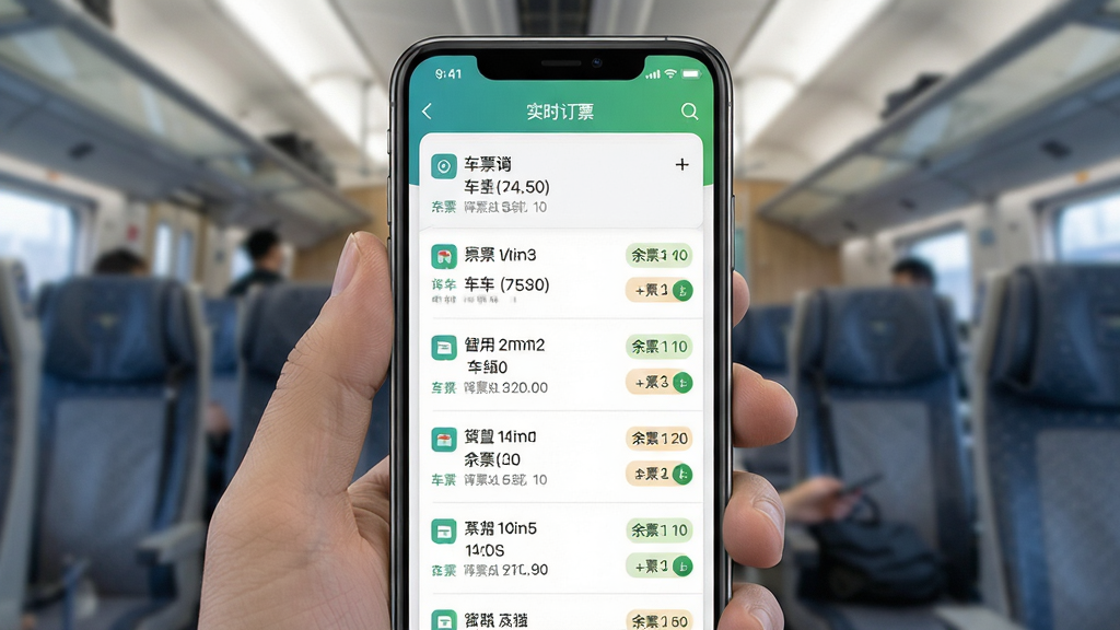 铁路火车实时订票移动端操作界面截图,一部手机竖屏展示,屏幕内呈现车票查询结果列表,包含多趟列车信息和余票状态,界面配色清爽,文字清晰,画质高清,干净无多余元素