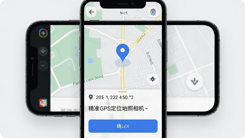 水印定位拍照相机精准GPS定位功能展示,画面主体是手机屏幕显示地图定位界面,地图上有蓝色定位标记,屏幕下方显示详细地址文字,布局为上下结构,排版整齐,风格为简约商务,细节包括经纬度数字、地址栏、确认按钮,画质清晰,干净,无多余元素