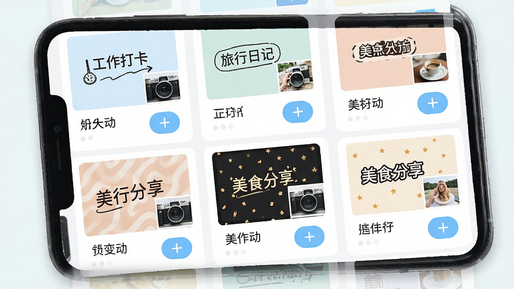 水印定位拍照相机水印模板选择界面,画面展示手机屏幕上排列整齐的多种水印模板缩略图,包含工作打卡、旅行日记、美食分享等不同风格,布局为网格状,排版清晰,风格为清新浅色,细节包括模板名称标签、预览小图、选择按钮,画质高清,干净,无多余元素
