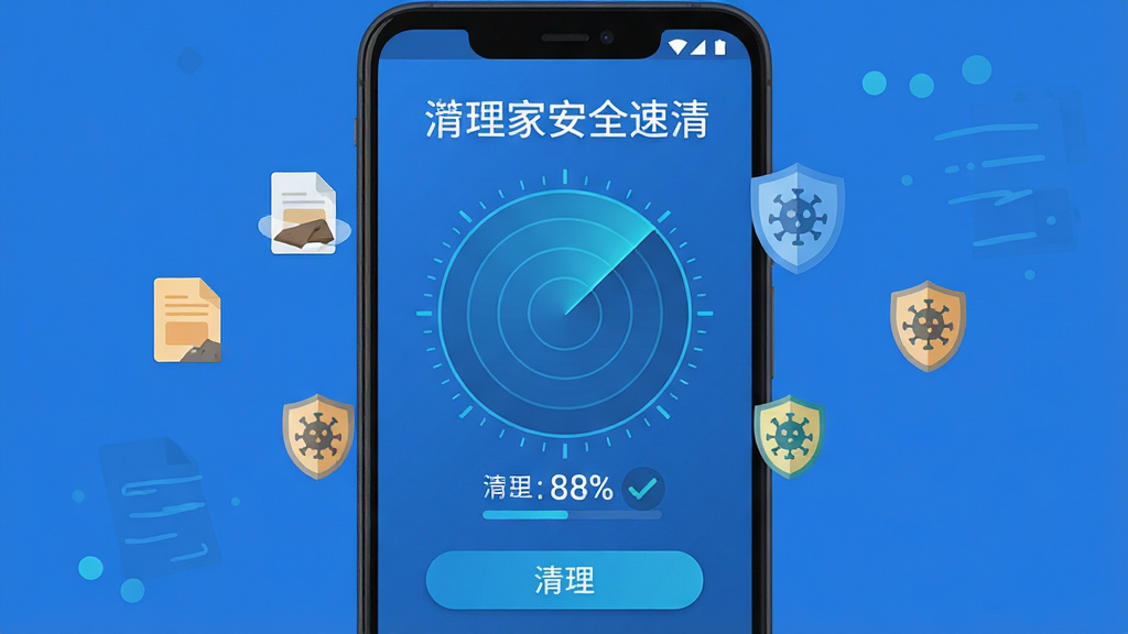 手机管家安全速清 手机屏幕显示清理进度界面 主体为一部安卓手机 屏幕中央有圆形扫描雷达动画 周围漂浮着垃圾文件图标和病毒盾牌图标 布局采用居中对称构图 上方为软件名称文字 下方为清理按钮 风格为扁平化科技蓝 细节包含进度百分比数字和清理完成的对勾符号 画质清晰 干净 无多余元素