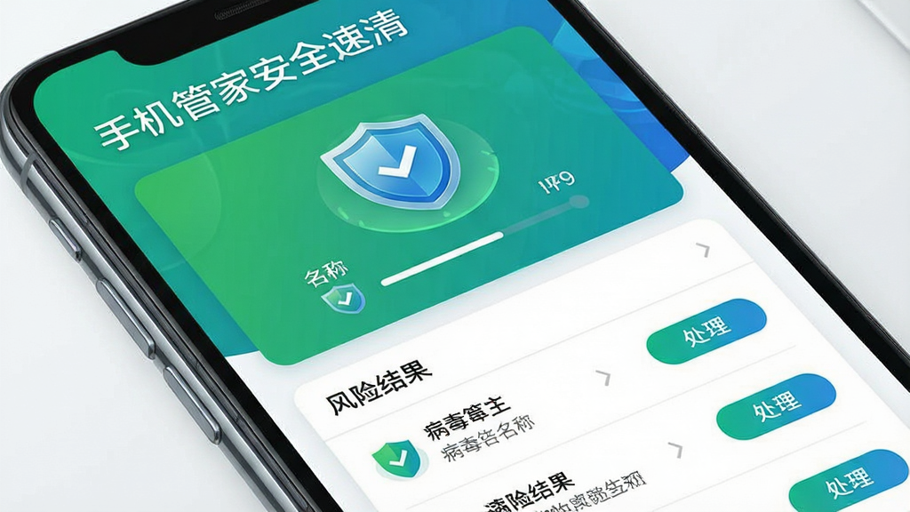 手机管家安全速清 病毒查杀界面 主体为手机屏幕 显示盾牌图标和扫描结果列表 布局为卡片式排列 上方为安全评分 下方为风险项目明细 风格为安全绿与科技蓝搭配 细节包含“手机管家安全速清”名称 病毒名称 处理按钮 画质清晰 干净 无多余元素