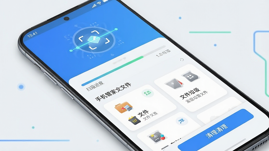 手机管家安全速清 一键扫描功能展示图 主体为手机界面 屏幕显示扫描进度条和已发现垃圾文件列表 布局为上下结构 上方是扫描动画 下方是文件分类卡片 风格为简洁明快的浅色系 细节包含“手机管家安全速清”文字标识 垃圾文件图标 清理按钮 画质清晰 干净 无多余元素