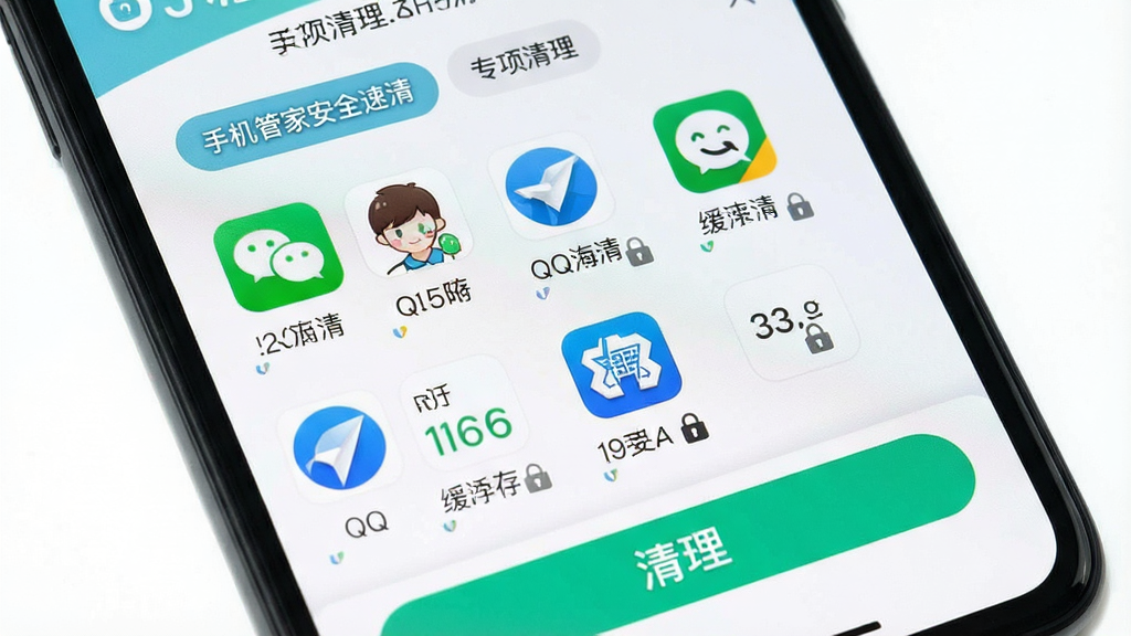 手机管家安全速清 隐私清理功能界面 主体为手机屏幕 显示微信 QQ 浏览器等应用图标和缓存大小 布局为网格排列 上方为专项清理标签 下方为清理按钮 风格为清新浅色 细节包含“手机管家安全速清”文字 缓存数值 锁形图标 画质清晰 干净 无多余元素
