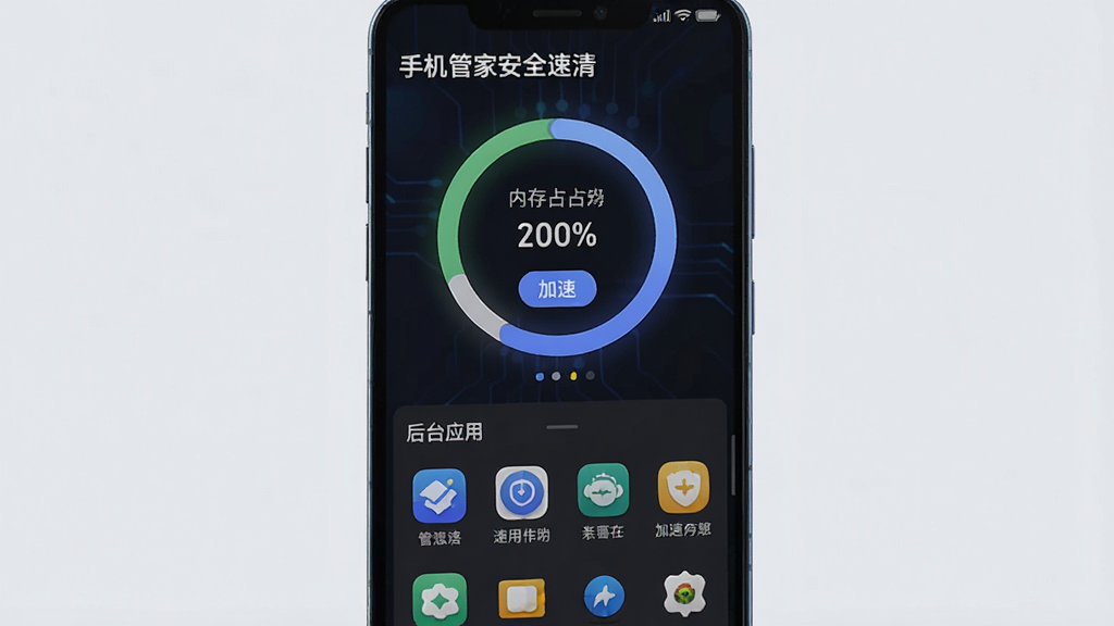 手机管家安全速清 内存加速功能界面 主体为手机屏幕 显示内存占用环形图和后台应用列表 布局为环形图在上 应用列表在下 风格为深色科技感 细节包含“手机管家安全速清”文字 内存百分比 加速按钮 应用图标 画质清晰 干净 无多余元素