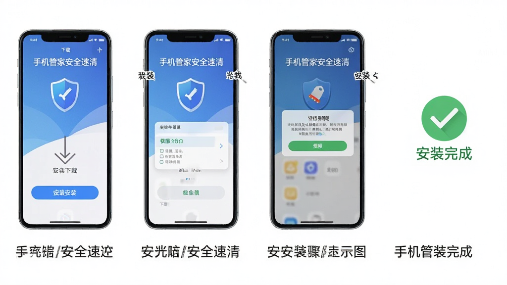 手机管家安全速清 安装步骤示意图 主体为手机屏幕截图 展示从下载到安装完成的四个步骤 布局为横向排列 每步下方有文字说明 风格为教程图解 细节包含“手机管家安全速清”文字 安装按钮 权限弹窗 完成图标 画质清晰 干净 无多余元素
