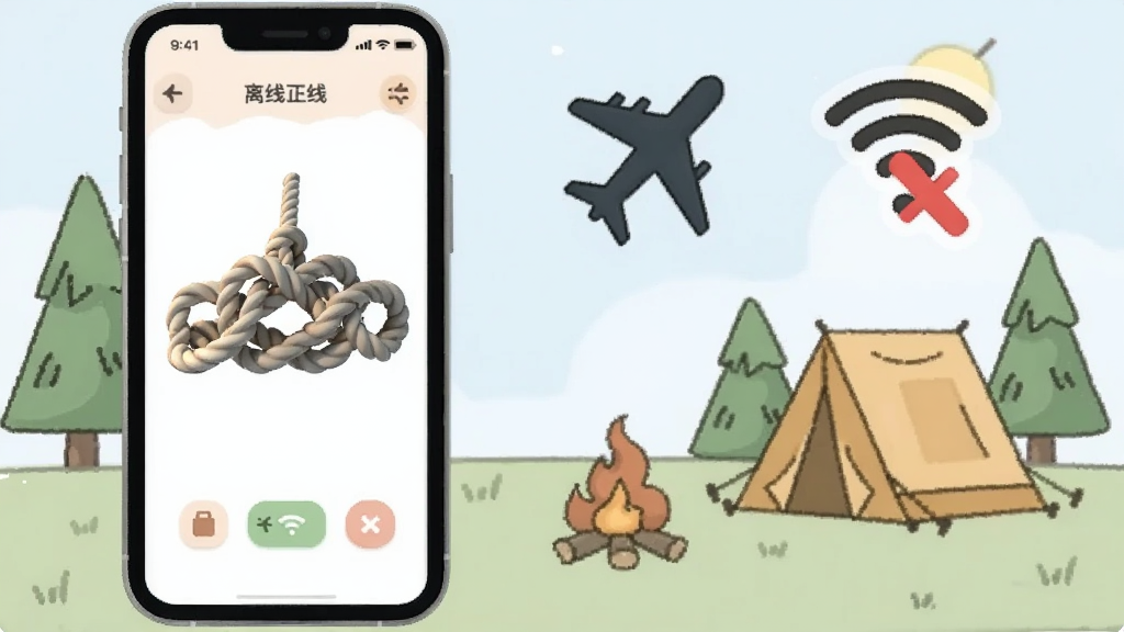一张展示3D绳结离线可用与轻量设计特点的图片,画面中一部手机屏幕显示3D绳结应用界面,旁边有飞机图标和WiFi关闭图标表示离线状态,背景为户外露营场景的简笔画风格,色彩柔和,画质干净,无多余元素