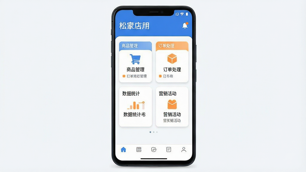 一张手机屏幕正面展示松果商户应用主界面的图片,主体是一台竖屏安卓手机,屏幕中显示商家后台首页,顶部有店铺名称与通知图标,中部排列商品管理、订单处理、数据统计、营销活动四个功能卡片,底部为导航栏,布局居中对称,排版整洁有序,风格为现代商务扁平化设计,细节上卡片带有轻微阴影与圆角,配色以蓝白为主辅以橙色点缀,画质高清,画面干净,无多余元素