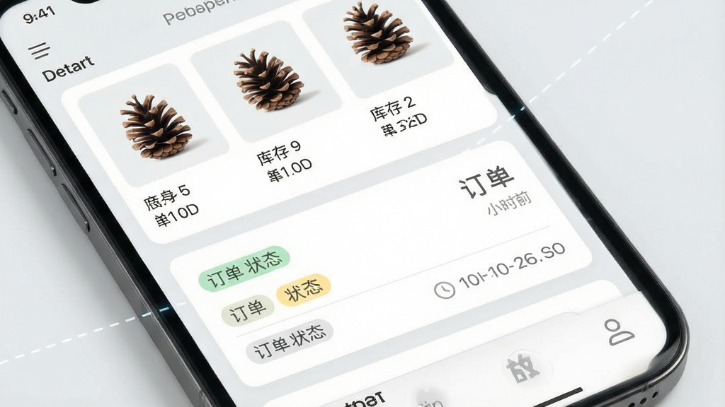 一张展示松果商户一站式店铺管理功能的图片,主体为手机屏幕内呈现商品列表与订单卡片并列的界面,布局采用上下分区结构,上方为商品缩略图与库存数字,下方为订单状态标签与时间信息,排版紧凑清晰,风格为清爽简约的移动端UI设计,细节上使用浅灰背景与白色卡片形成层次,文字清晰可读,画质高清,画面干净,无多余元素