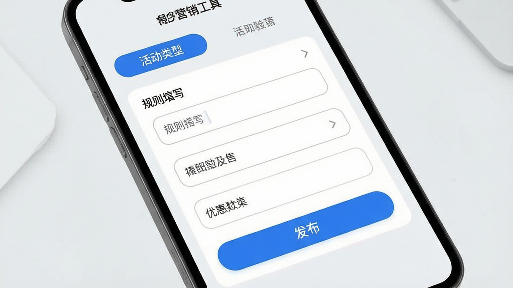 一张展示松果商户营销工具功能的图片,主体为手机屏幕中显示优惠券创建页面,布局为上方活动类型选项卡、中部规则填写表单、底部发布按钮,排版清晰,风格为轻量级商务应用界面,细节上使用圆角输入框与蓝色主按钮,背景为浅灰,画质高清,画面干净,无多余元素