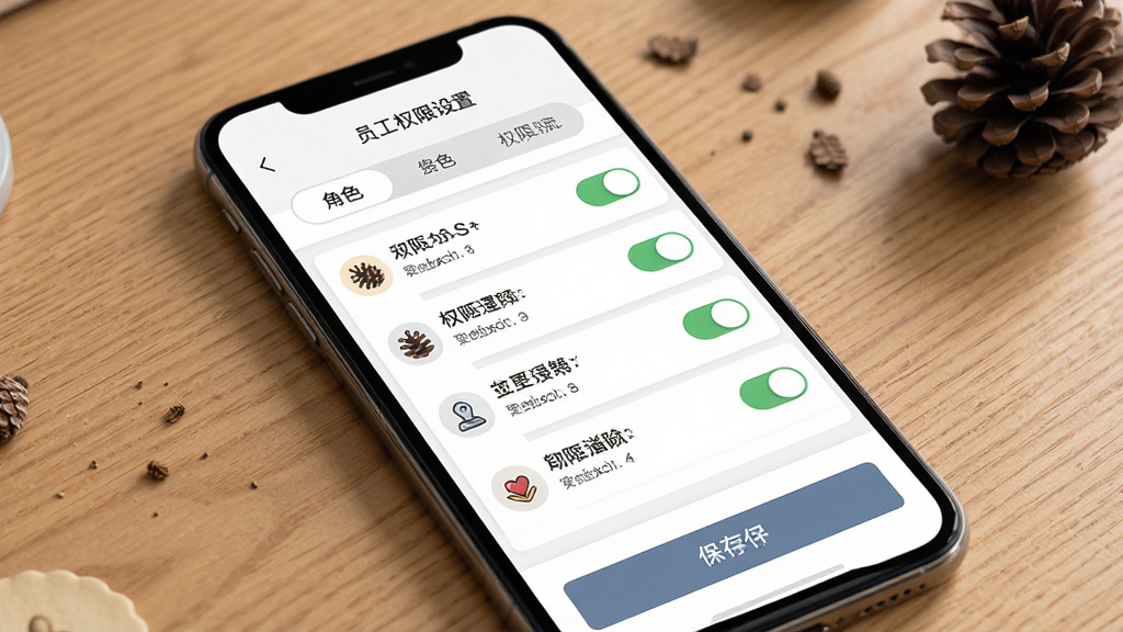 一张展示松果商户多角色协同功能的图片,主体为手机屏幕中显示员工权限设置页面,布局为上方角色标签切换、中部权限开关列表、底部保存按钮,排版整齐,风格为简洁的移动端管理界面,细节上每个权限项配有图标与开关控件,配色以白灰为主,画质高清,画面干净,无多余元素
