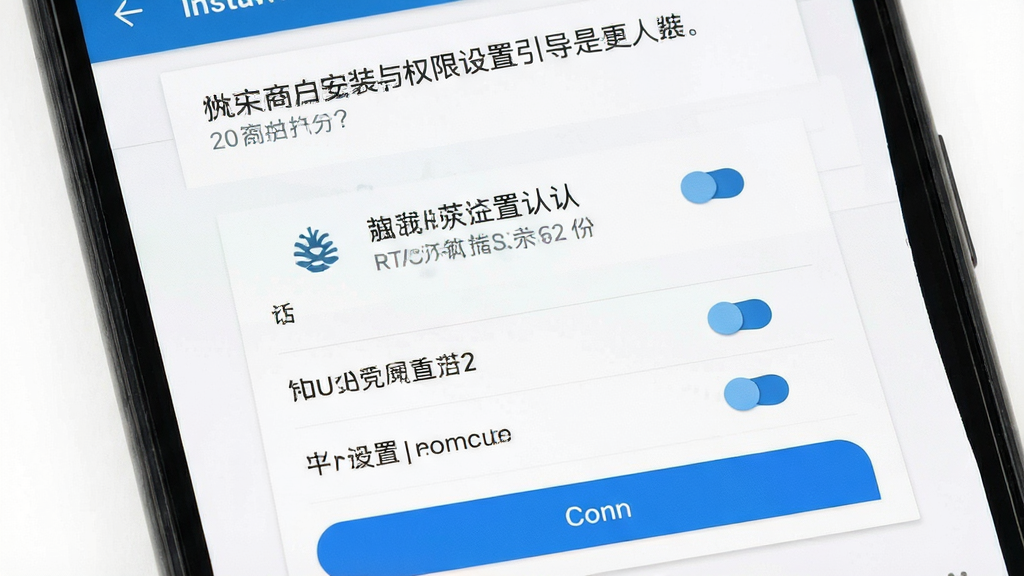 一张展示松果商户安装与权限设置引导的图片,主体为手机屏幕中显示应用安装确认弹窗与权限开关列表,布局为上方提示文字、中部权限项、底部确认按钮,排版清晰,风格为安卓系统原生设置界面风格,细节上权限图标与开关控件清晰可见,背景为白色,画质高清,画面干净,无多余元素