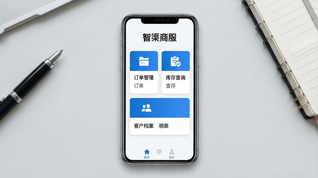 一张干净整洁的手机应用界面展示图,画面中央是一部竖屏智能手机,手机屏幕上显示“智渠商服”四个字的应用首页,首页包含订单管理、库存查询、客户档案三个功能卡片,卡片采用蓝白配色,背景为浅灰色办公桌面,桌面边缘有一支笔和一个笔记本,整体布局居中对称,风格为现代商务简约风,细节上手机边框有轻微高光反射,屏幕内文字清晰锐利,画质为高清2K,画面干净无多余元素