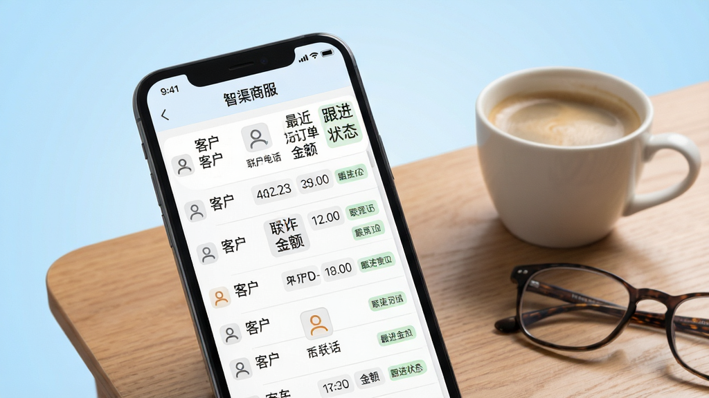 一张展示手机通讯录式客户列表的图片,画面主体是一部竖屏手机,屏幕上显示“智渠商服”的客户档案页面,列表中有客户名称、联系电话、最近订单金额和跟进状态标签,背景为浅蓝色渐变,手机放置在木质桌面上,旁边有一杯咖啡和一副眼镜,布局为手机居中偏左,风格为清新办公风,细节上屏幕内文字排列整齐,图标简洁,画质为高清2K,画面干净无多余元素