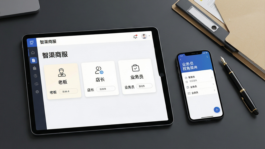 一张展示多角色权限管理界面的图片,画面主体是一部平板电脑和一部手机并排摆放,平板屏幕上显示“智渠商服”的角色权限配置页面,有老板、店长、业务员三个角色卡片,手机屏幕上显示业务员视角的简化菜单,背景为深灰色办公桌,桌上有一个文件夹和一支钢笔,布局为平板在左手机在右,风格为现代商务科技风,细节上屏幕内文字清晰,图标为线性风格,画质为高清4K,画面干净无多余元素