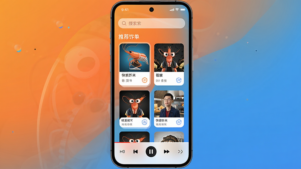 快乐虾米音乐App主界面,手机屏幕中央展示橙色与蓝色渐变背景,顶部搜索栏,中部推荐歌单卡片排列整齐,底部播放控制条,整体风格清爽现代,UI界面清晰,画质干净,无多余元素